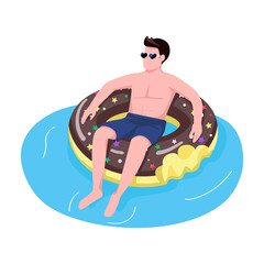 Man in sunglasses in donut air mattress semi flat color vector character. Lying figure. Full body person on white. Pool activity simple cartoon style illustration for web graphic design and animation