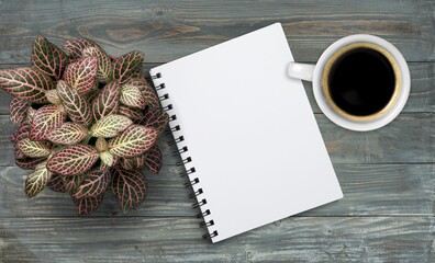 New year resolutions 2022 concept on desk. coffee cup, notebook and plant.