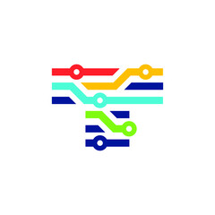 T Letter with Train Track Route or Data Analytics Connected lines and Circles Logo Design Vector