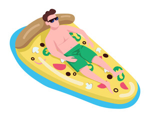 Man in sunglasses in pizza air mattress semi flat color vector character. Lying figure. Full body person on white. Pool activity simple cartoon style illustration for web graphic design and animation