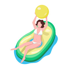 Woman playing ball on water semi flat color vector character. Sitting figure. Full body person on white. Air mattress activity simple cartoon style illustration for web graphic design and animation