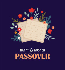 Pesah celebration concept, jewish Passover holiday. Matzah bread, spring flowers and passover greeting. Pesach template, invitation and greeting card design - 486434247