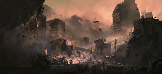 Apocalyptic destruction scene, 3D illustration - obrazy, fototapety, plakaty