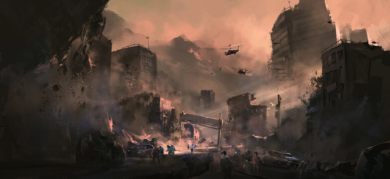 Apocalyptic destruction scene, 3D illustration