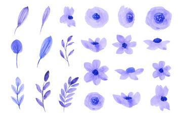 Fototapeta premium Set blue flowers and leaf watercolor