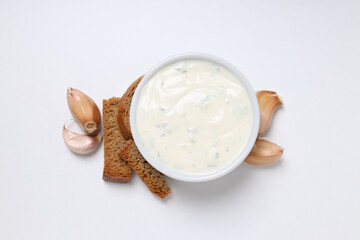 Concept of cooking garlic sauce, top view