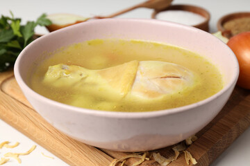 Concept of tasty food with chicken soup, close up