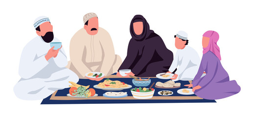 Traditional family dinner semi flat color vector characters. Sitting figures. Full body person on white. Eating and drinking simple cartoon style illustration for web graphic design and animation