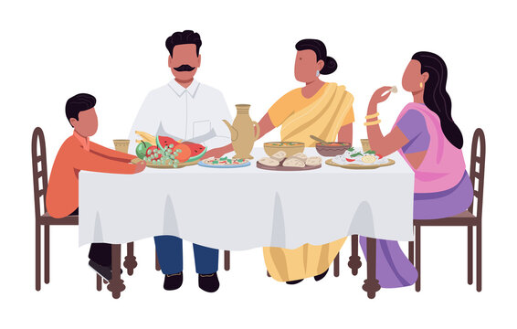 Family dinner semi flat color vector characters. Sitting figures. Full body person on white. Eating and drinking simple cartoon style illustration for web graphic design and animation