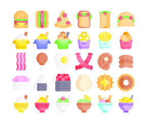 Simple set of 30 fast food icons in detailed flat style