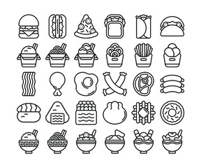 Simple set of 30 fast food icons in detailed outline style