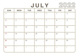 Simple Monthly Calendar July 2022