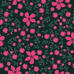 Badezimmer Foto Rückwand Seamless vintage pattern. Pink fuchsia flowers . Green leaves. Dark green background. vector texture. fashionable print for textiles, wallpaper and packaging. © Алена Шенбель