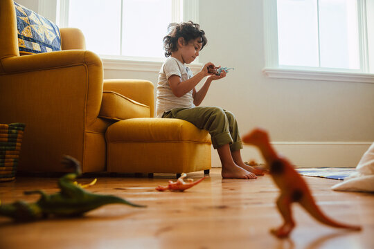 Little boy playing with animal toys at home