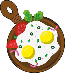 Illustration of a ready-made breakfast on a wooden stand in the form of scrambled eggs on a white background