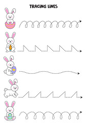 Tracing lines with cute Easter bunnies. Writing practice.