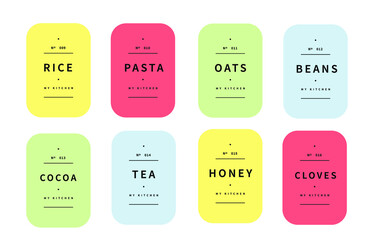 kitchen pantry label designs for spices and herbs, grains and cereals. food organizing colorful stickers and branding in minimalistic modern graphic design style, home improvement and decor