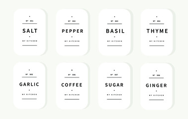 kitchen pantry labels premade design template for herbs and spices, grain and cereals. cooking ingredient organizing printable stickers for jars 