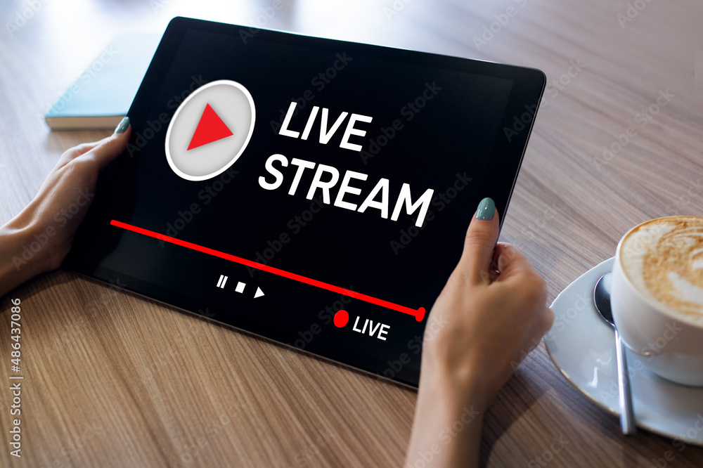 Poster live stream transmit or receive video and audio coverage over the internet. digital marketing and ad