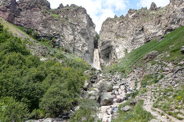 Sultan-su Waterfall, surrounded by the Caucasus Mountains near Elbrus, Jily-su, Russia