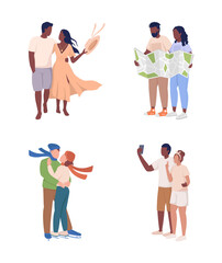 Romantic getaways semi flat color vector characters set. Full body people on white. Couple relaxing activities. Travel experience simple cartoon style illustration for web graphic design and animation