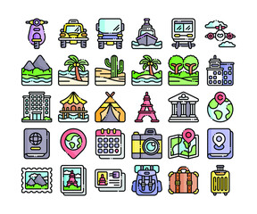 Simple set of 30 travel icons in detailed outline color style