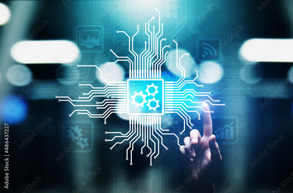 Poster gears mechanism on virtual screen. automation and business process flow. business and technology con