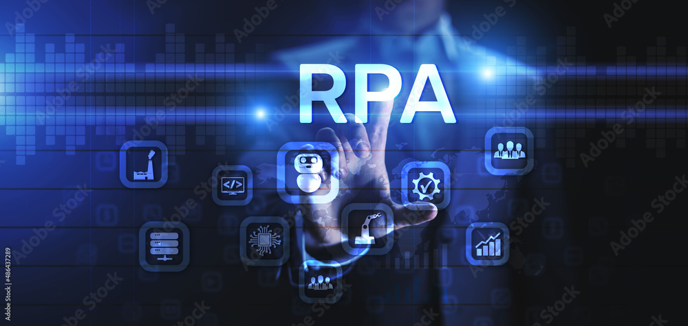 Poster rpa robotic process automation innovation technology concept on virtual screen.