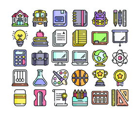 Simple set of 30 back to school icons in detailed outline color style