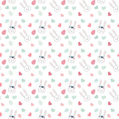 Easter simple seamless pattern with bunny,eggs and hearts isolated on white background. Vector illustration for banners, posters, social media stories, greeting cards and cover design templates.