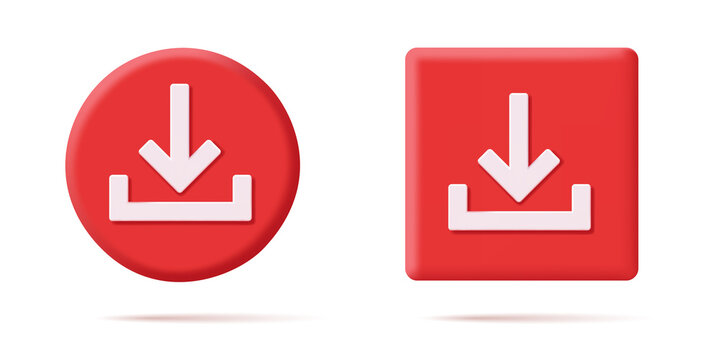 Set of download icon button on round and square shapes with down pointing arrow, 3d volume element