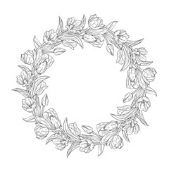 Monochrome line art tulips flowers wreath isolated on white background