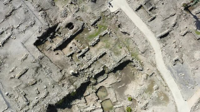 Aerial view of anchient city ruins at Tel Megido National Park