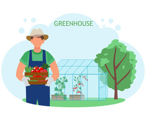 Man farmer with homemade vegetables in his hands on the background of a greenhouse. Vector illustration.
