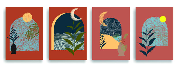 Modern poster with minimalist design elements . Window and arch in Boho style  . Wall art , home deco . Vector abstract shape.