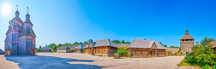 Panorama of Zaporozhian Sich with Cossack Church and hata houses of Big Kosh (Cossack Harrison), Khortytsia Island, Zaporizhzhia, Ukraine