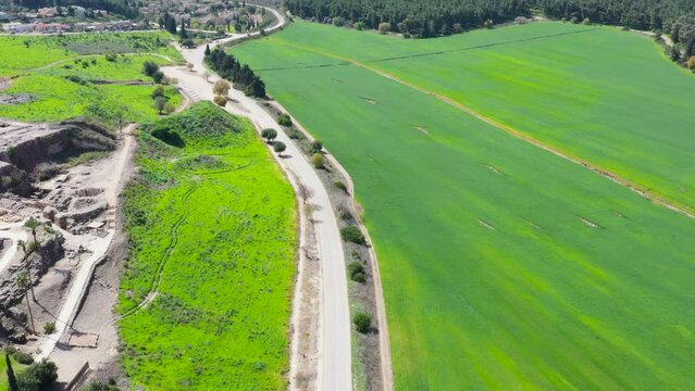 Aerial view of green hills and Megido forest outside Tel Megiddo National Park, Israel
