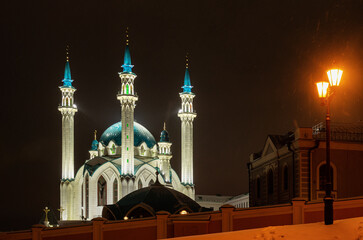 Kazan in winter. Kul Sharif Mosque with night lighting.