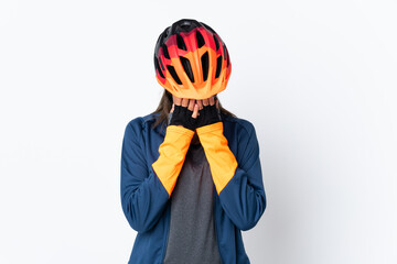 Young cyclist brazilian girl isolated on white  background with tired and sick expression - obrazy, fototapety, plakaty