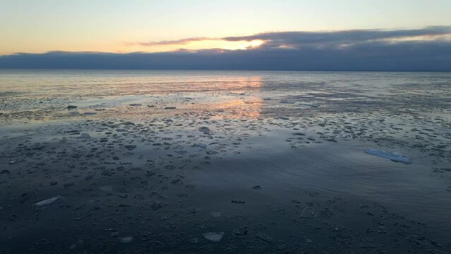 Pieces of ice floting on Lake Superior, winter morning