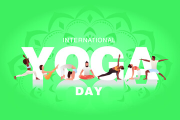 Banner or poster Yoga Day. People practice yoga all over the Earth. Indian tradition. Vector illustration