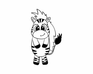 A cute zebra is drawn with a black outline. Coloring book. Vector illustration