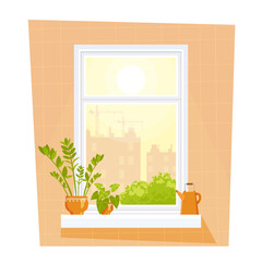View from the window. Flat illustration of room window. Vector city landscape. Concept view of city buildings.