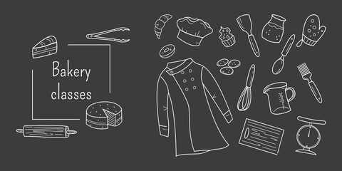 Bakery classes and courses banner background. Chef uniform, pastries, desserts and kitchen cooking utensils. Hand drawn vector doodle illustration