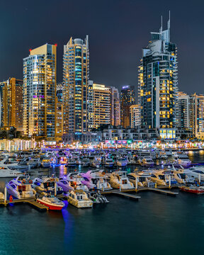 View of the Dubai Marina Skyline and Highrise Towers at Night. March 2020. 