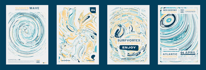 Summer ocean wave design poster template set. Vector background with twisted spiral water pattern for decorative, branding and marketing purpose. 