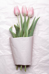 Beautiful colorful tulips on a light pink background with copy space. Greeting card design - Mother's Day, Women's Day, March 8 or Valentine's Day, selective focus
