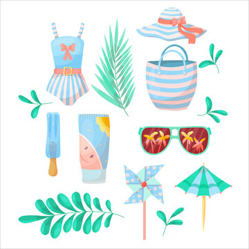 Set of summer accessories. Items for holidays or weekends at the seaside. Vector illustration isolated on white background.