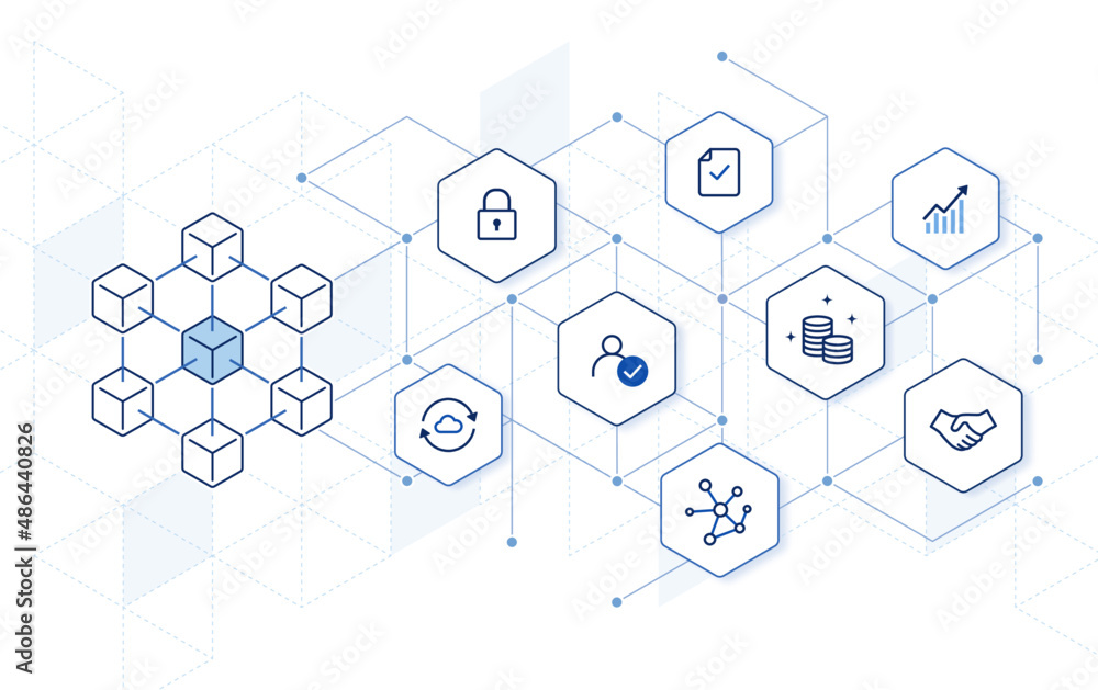 Poster blockchain technology: how blockchain works. abstract hexagon background. editable stroke icons vect