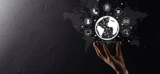 Business man hiold, use,press infographic icon of community technology digital.Concept of hi tech and big data. Global connection.IoT Internet of Things . ICT Information Communication Network .